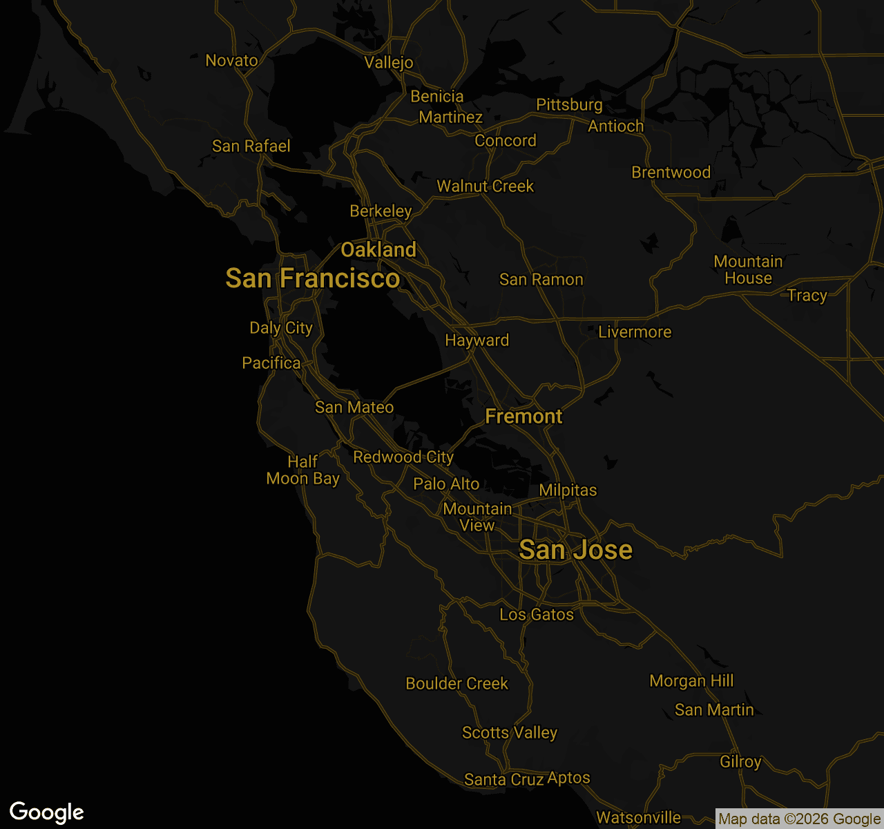 Bay Area map showing Lions of Fire venue pins